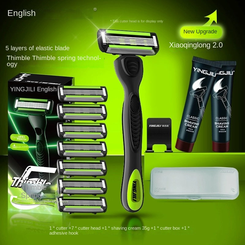  English manual safety razor for men with 5-blade system, classic non-electric shaving set with foam and shaving cream #
