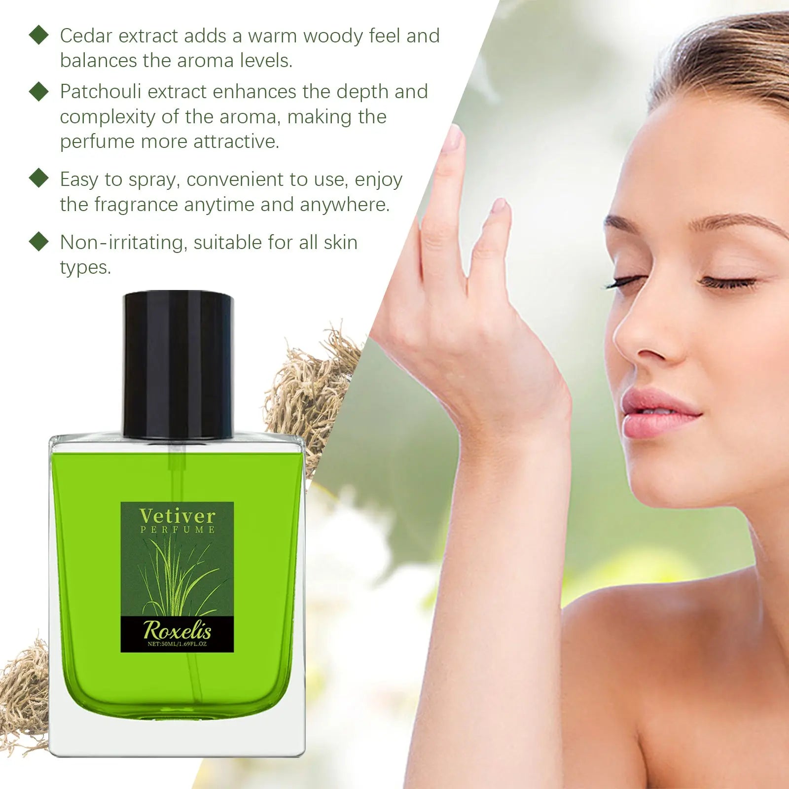 Roxelis Vetiver Fresh Perfume Exudes Charm Natural Fresh Elegant Fragrance Stay Fragrance Everyday Portable Fragrance Perfume #