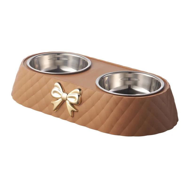  Pet Supplies Bow-tie Bowknot Cats Food Bowl PP Base Dog Bowl Stainless Steel Double Pet Accessories Feeding Drinking Double Bowl #