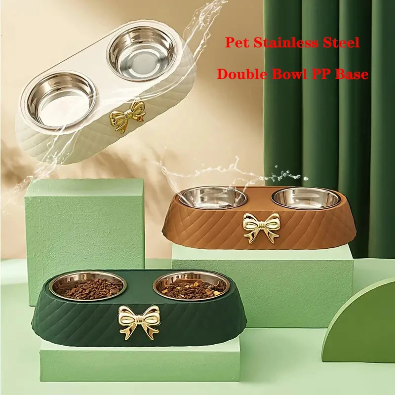  Pet Supplies Bow-tie Bowknot Cats Food Bowl PP Base Dog Bowl Stainless Steel Double Pet Accessories Feeding Drinking Double Bowl #