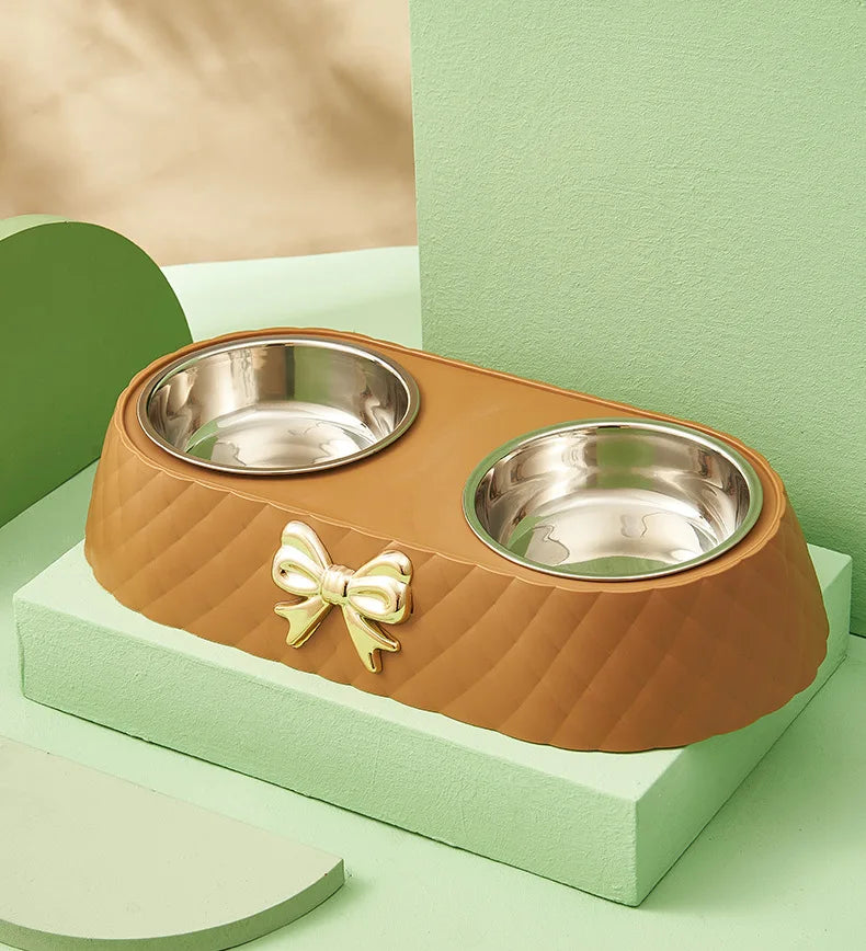  Pet Supplies Bow-tie Bowknot Cats Food Bowl PP Base Dog Bowl Stainless Steel Double Pet Accessories Feeding Drinking Double Bowl #