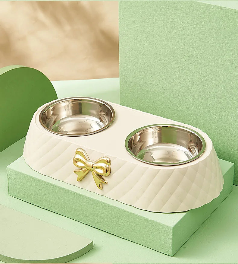  Pet Supplies Bow-tie Bowknot Cats Food Bowl PP Base Dog Bowl Stainless Steel Double Pet Accessories Feeding Drinking Double Bowl #