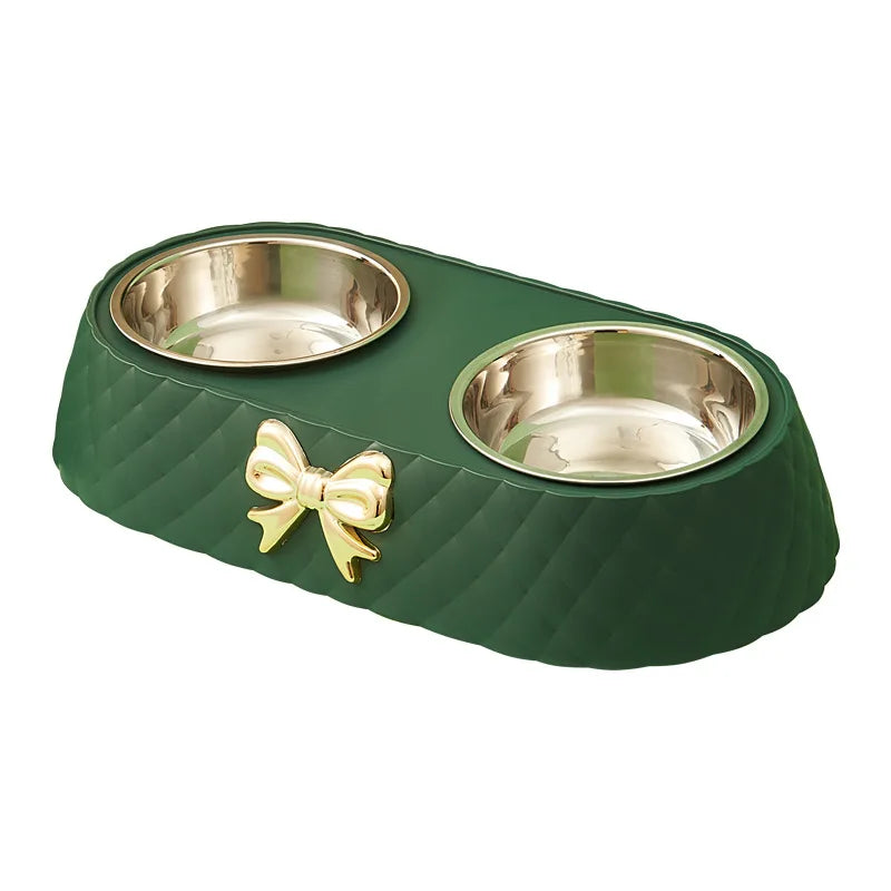  Pet Supplies Bow-tie Bowknot Cats Food Bowl PP Base Dog Bowl Stainless Steel Double Pet Accessories Feeding Drinking Double Bowl #