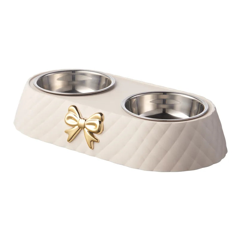  Pet Supplies Bow-tie Bowknot Cats Food Bowl PP Base Dog Bowl Stainless Steel Double Pet Accessories Feeding Drinking Double Bowl #