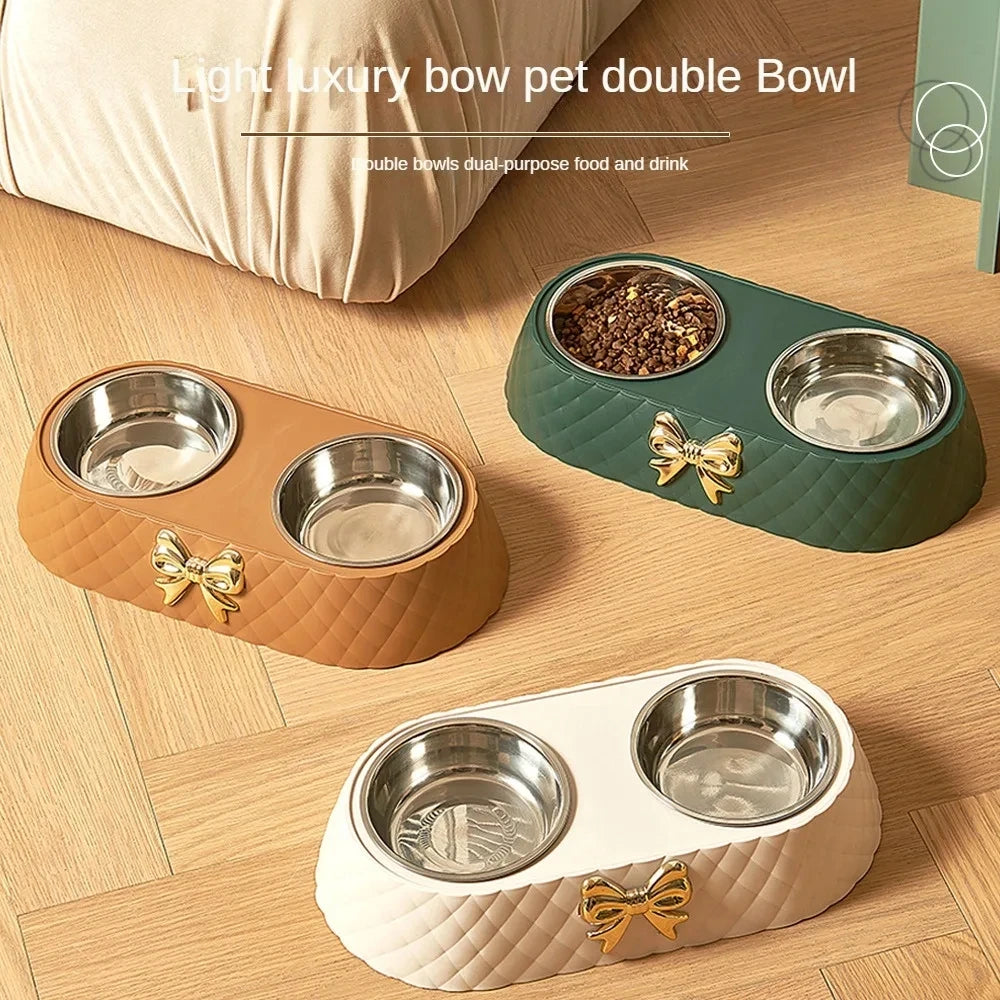  Pet Supplies Bow-tie Bowknot Cats Food Bowl PP Base Dog Bowl Stainless Steel Double Pet Accessories Feeding Drinking Double Bowl #