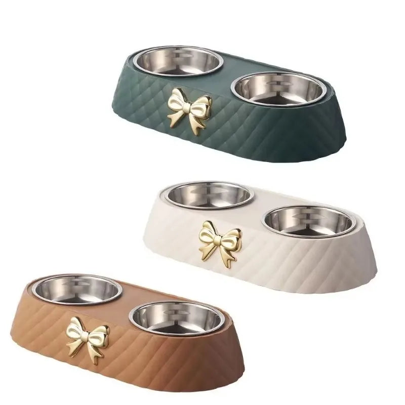  1PC Pet Pet Dog and Cat Food Bowls Bowtie Dog Food Drinking Double Bowl Pet Supplies #