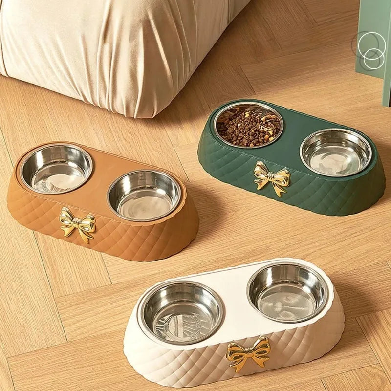  1PC Pet Pet Dog and Cat Food Bowls Bowtie Dog Food Drinking Double Bowl Pet Supplies #
