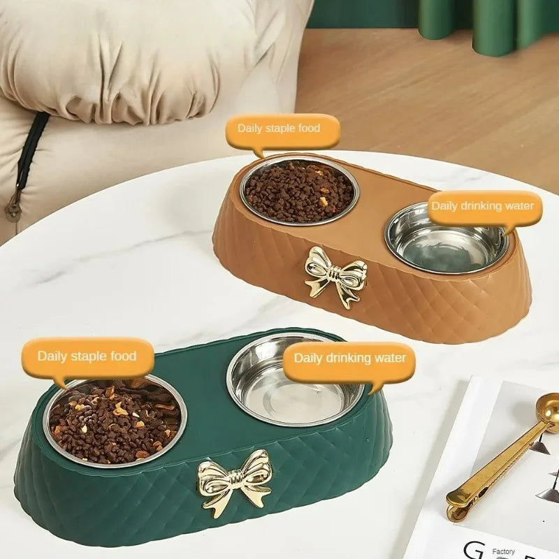  1PC Pet Pet Dog and Cat Food Bowls Bowtie Dog Food Drinking Double Bowl Pet Supplies #