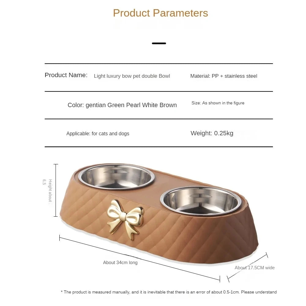  Pet Supplies Bow-tie Bowknot Cats Food Bowl PP Base Dog Bowl Stainless Steel Double Pet Accessories Feeding Drinking Double Bowl #