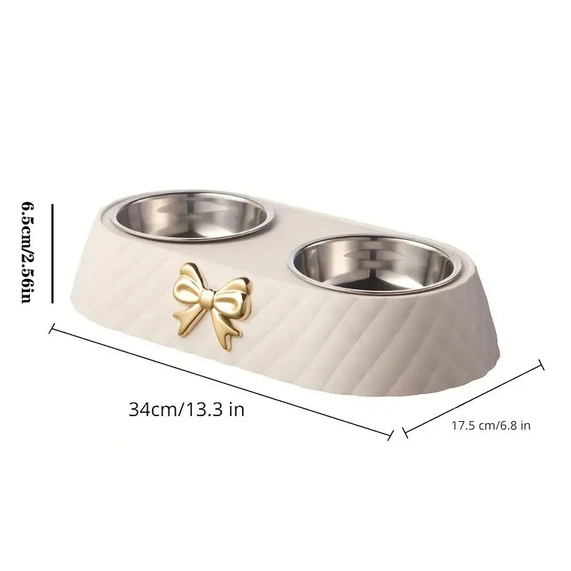  Pet Supplies Bow-tie Bowknot Cats Food Bowl PP Base Dog Bowl Stainless Steel Double Pet Accessories Feeding Drinking Double Bowl #