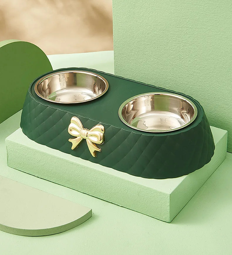  Pet Supplies Bow-tie Bowknot Cats Food Bowl PP Base Dog Bowl Stainless Steel Double Pet Accessories Feeding Drinking Double Bowl #