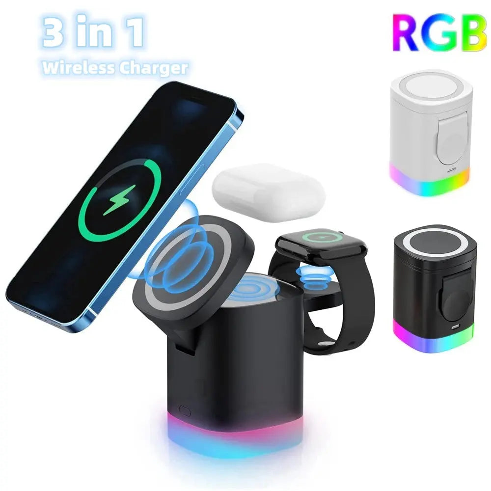  3 In 1 Magnetic Wireless Fast Charger For Smart Phone RGB Ambient Light Charging Station For Airpods IWatch #